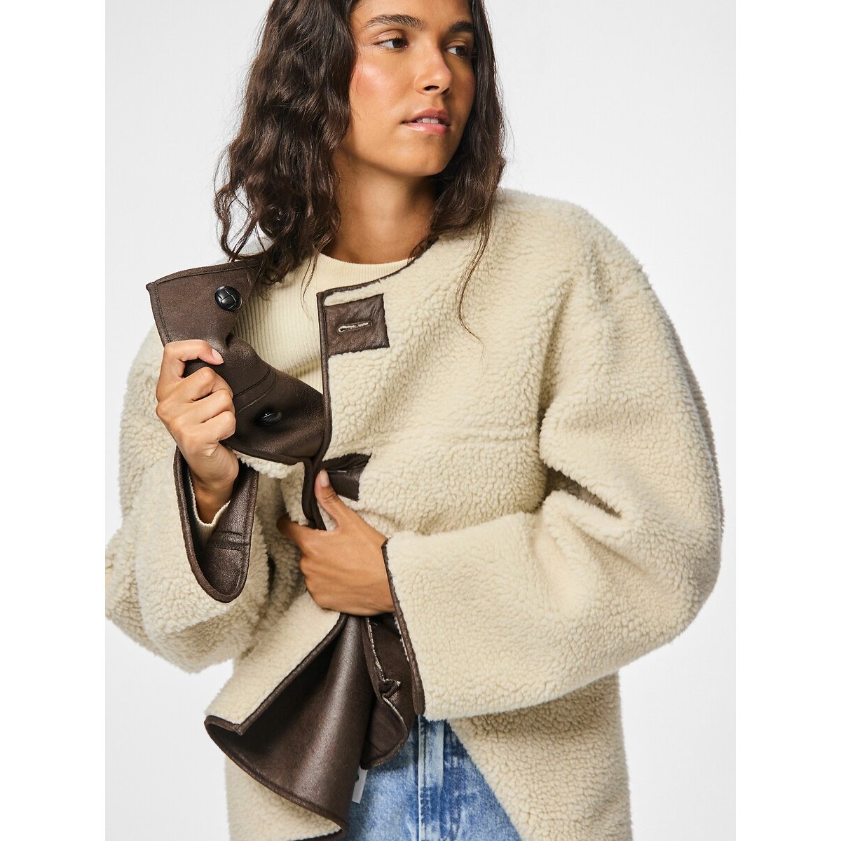 Pieces Sherpa Reversible Coat Women's Ecru Large