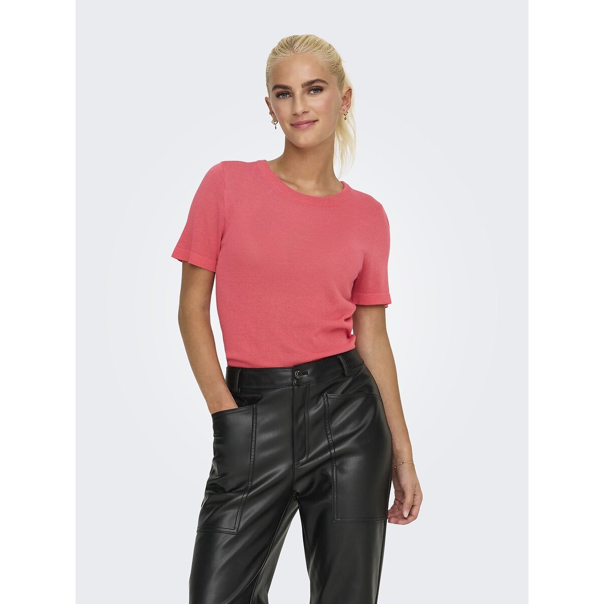 Jersey con cuello redondo y manga corta Mujer Talla XS. Color Rosa