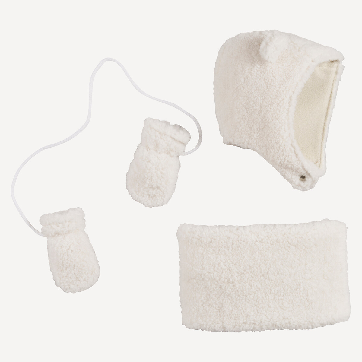 La Redoute Collections Sherpa Balaclava, Snood And Mittens Set Ecru 6/9M Size (67 To 71Cm)
