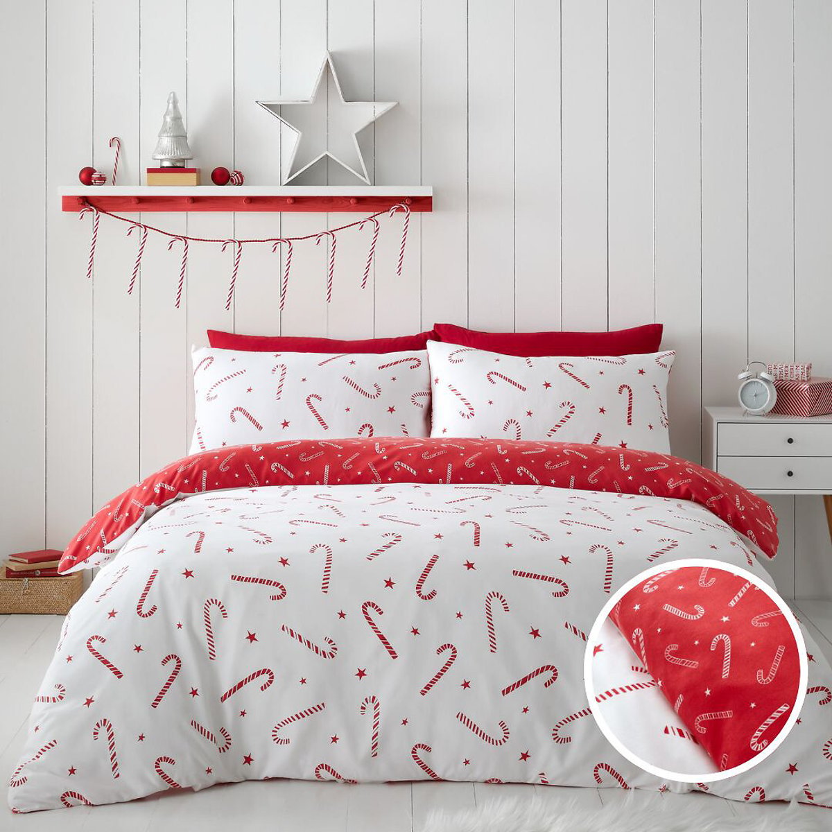 Catherine Lansfield Unisex White Christmas Candy Cane Polycotton Duvet Cover And Pillowcase Set King (230X220cm)