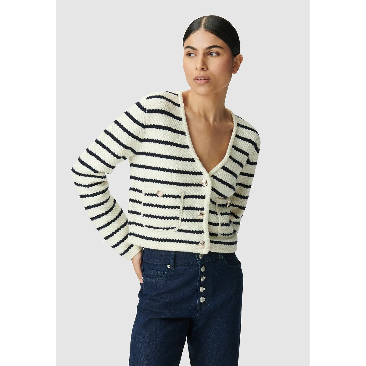 Ikks Striped V-Neck Cardigan With Long Sleeves Women's Navy/Ecru Medium