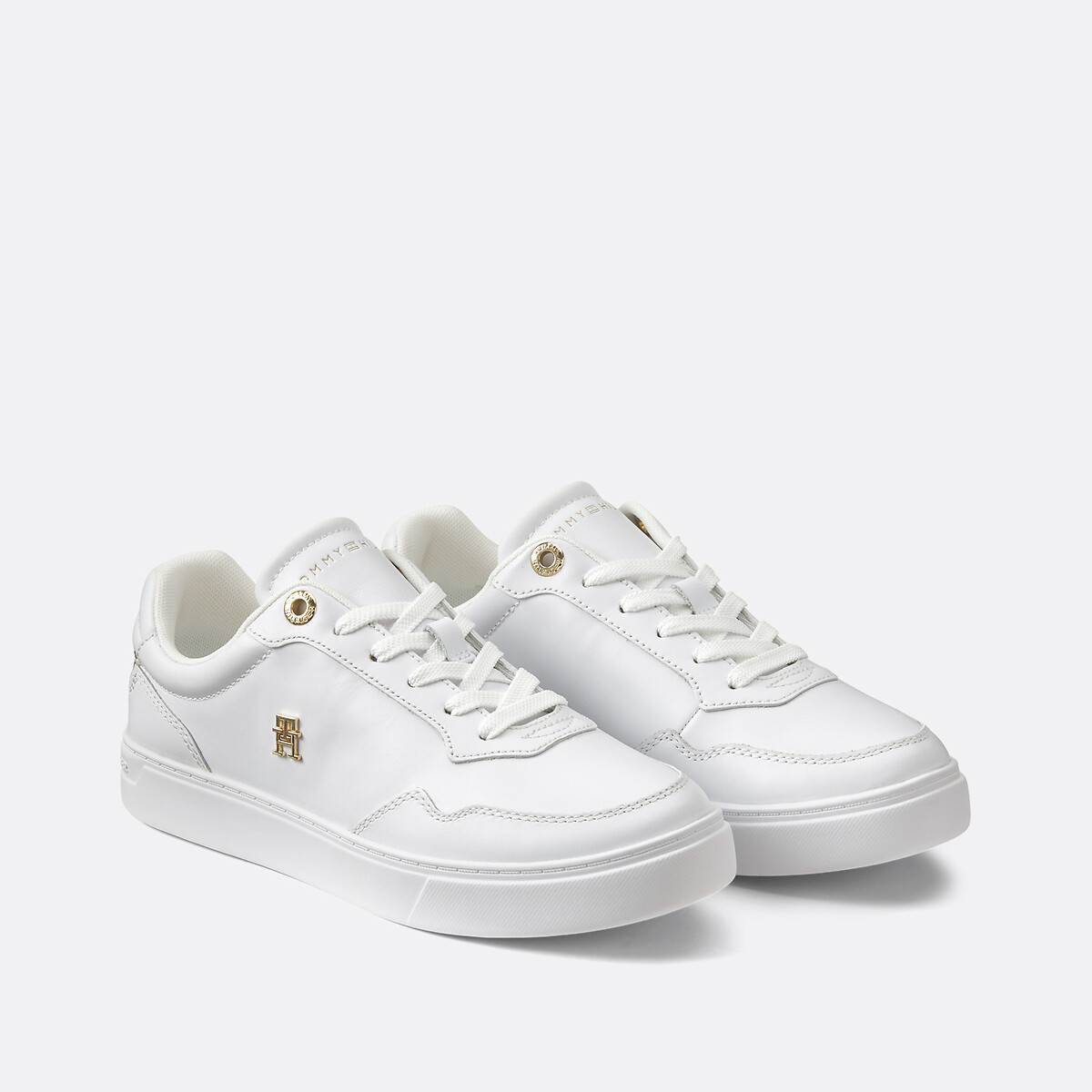 Tommy Hilfiger Women's White/Gold-Coloured Elevated Court Leather Trainers Size 40 (6.5)
