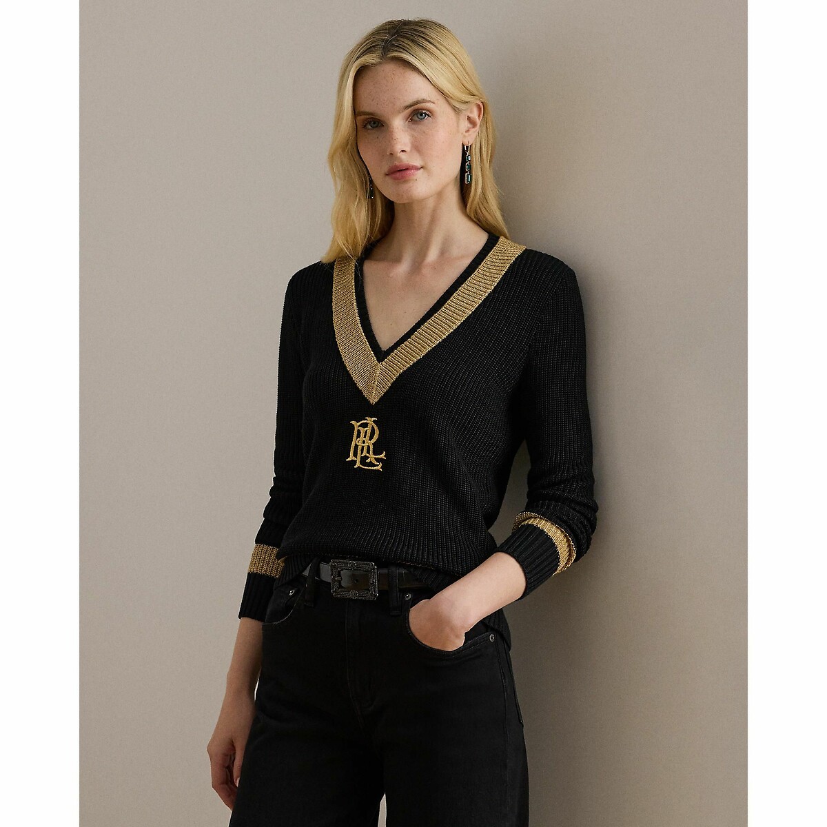 Lauren Ralph Lauren Women's Black Meren V-Neck Jumper With Long Sleeves Medium