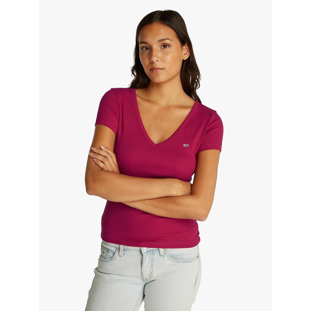 Tommy Jeans Women's Burgundy Embroidered Logo Cotton T-Shirt With V-Neck Small