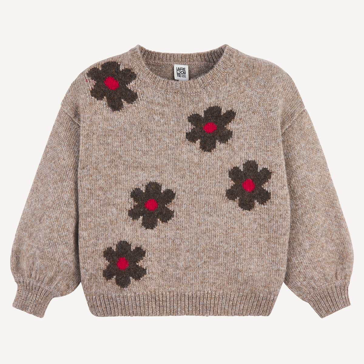 La Redoute Collections Fine Knit Jumper With Crew Neck And Floral Motif Brown 5Y (108Cm)