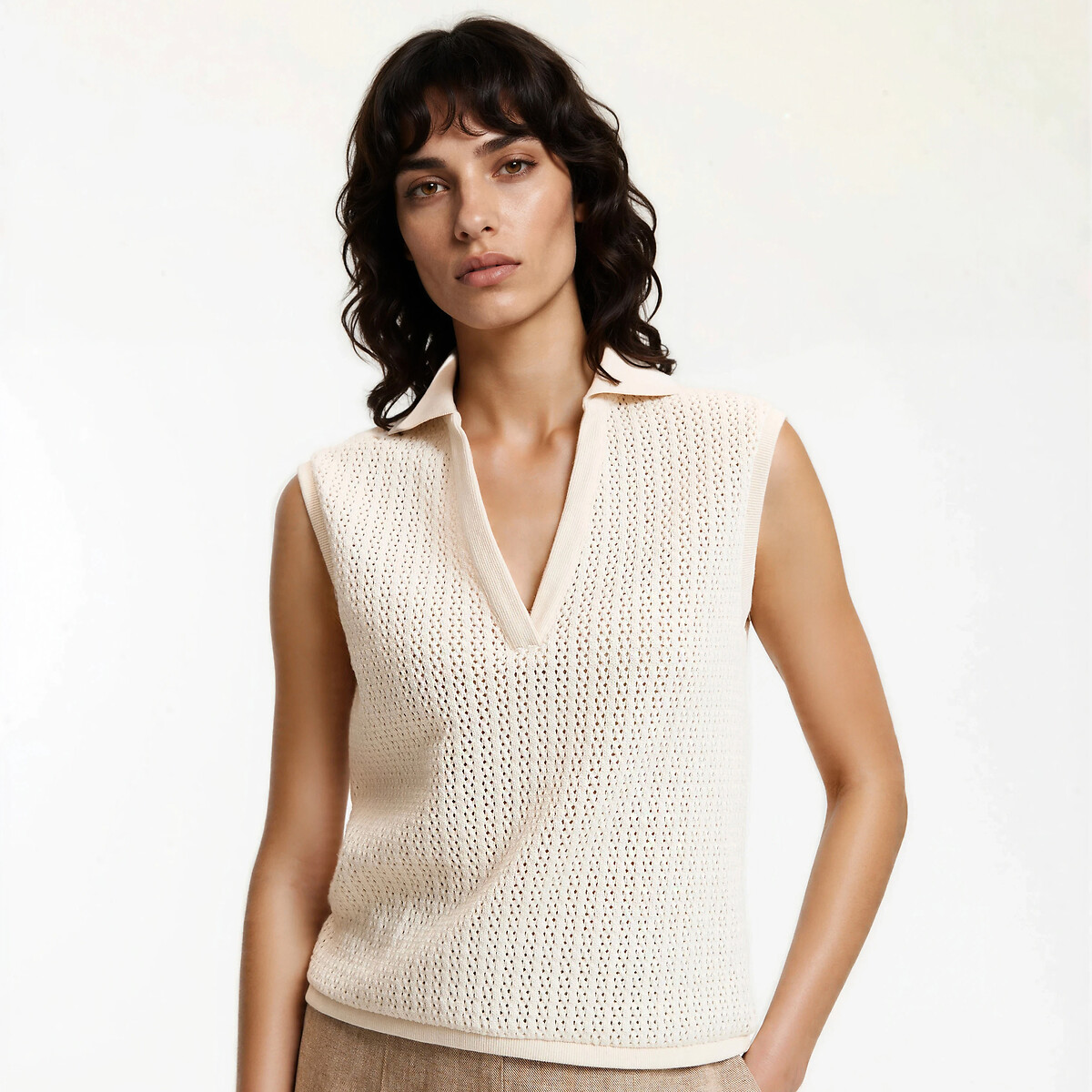 La Redoute Collections Openwork Knit Sleeveless Polo Jumper Women's Ecru Xxl