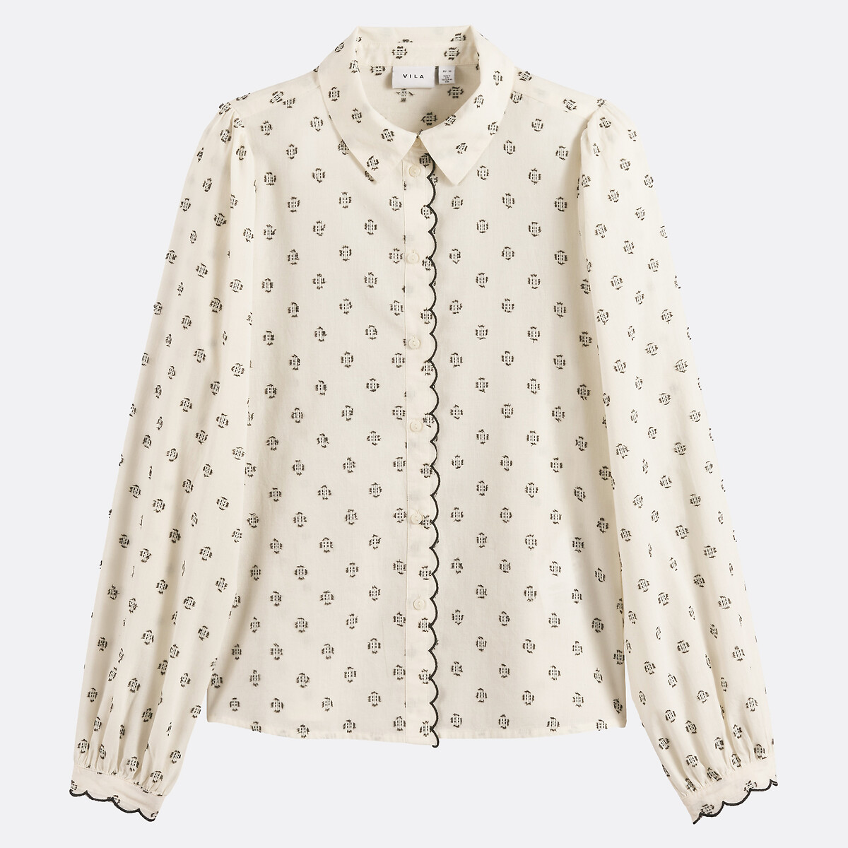 Vila Printed Blouse With Detail Collar Women's Ecru/Black Size 8
