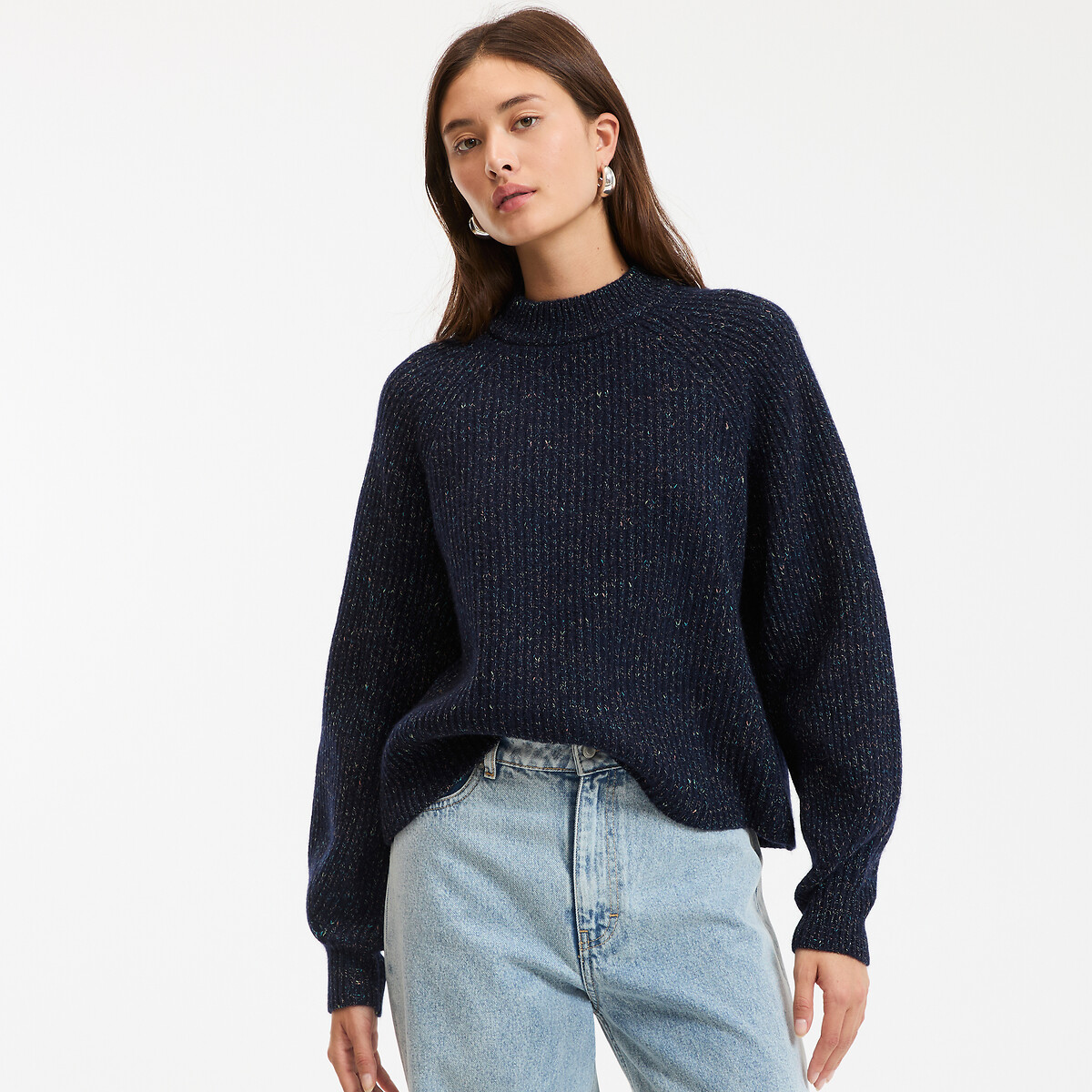 Jersey de cuello redondo, de punto grueso en mezcla de lana Mujer Talla L. Color Azul