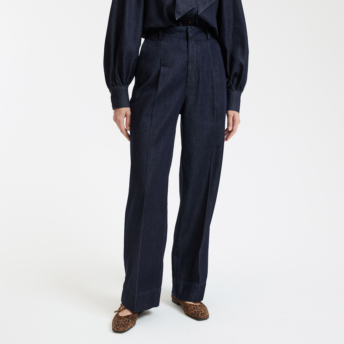 LA REDOUTE COLLECTIONS Broek van denim met wijde pijpen, hoge taille, scherpe plooien