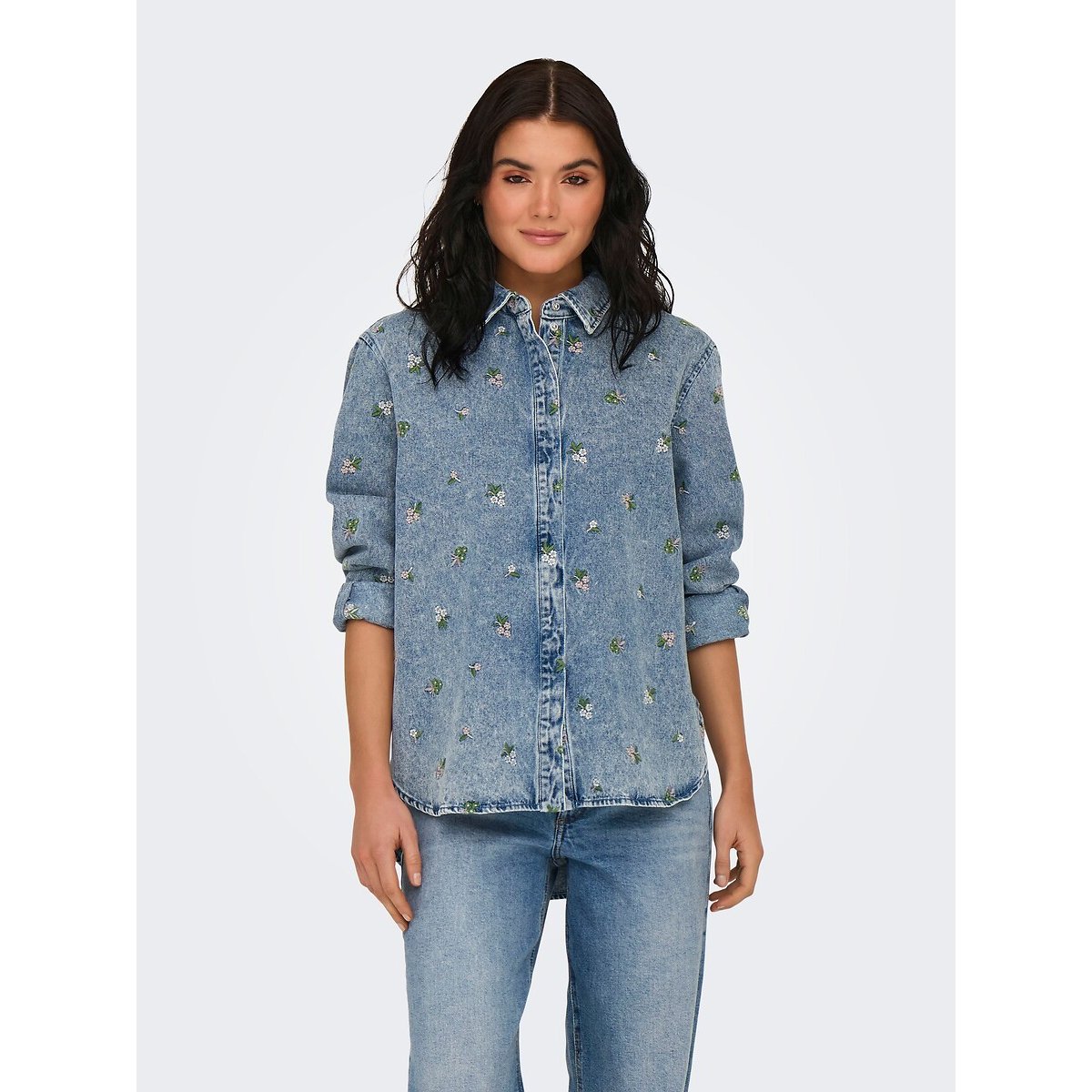 Only Floral Denim Shirt Women's Light Blue Small