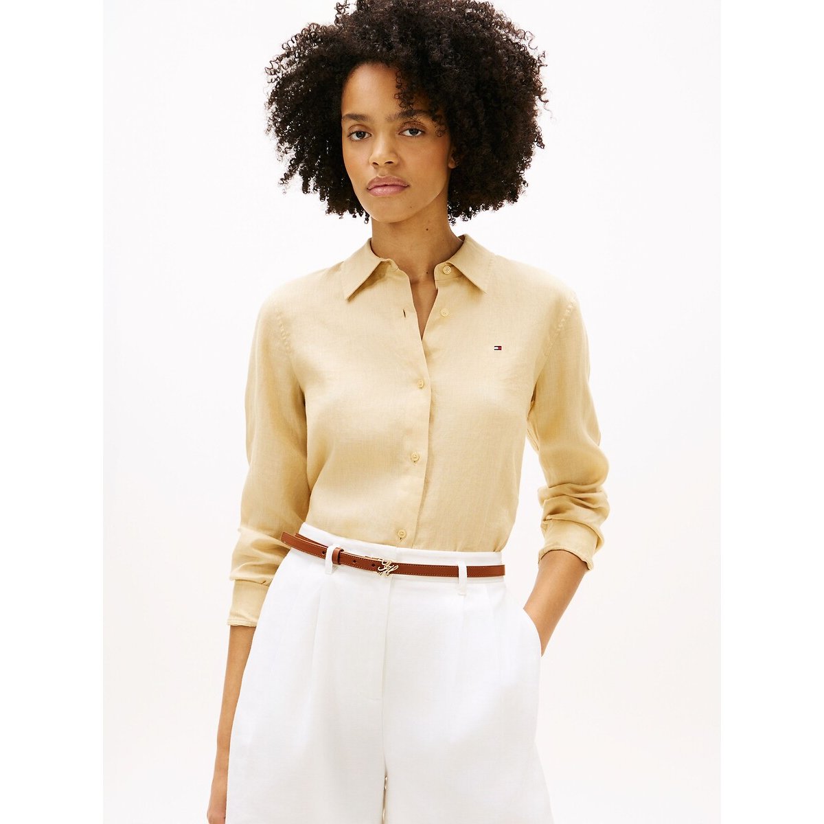 Tommy Hilfiger Camisa de lino de manga larga. Talla 42. Color Beige