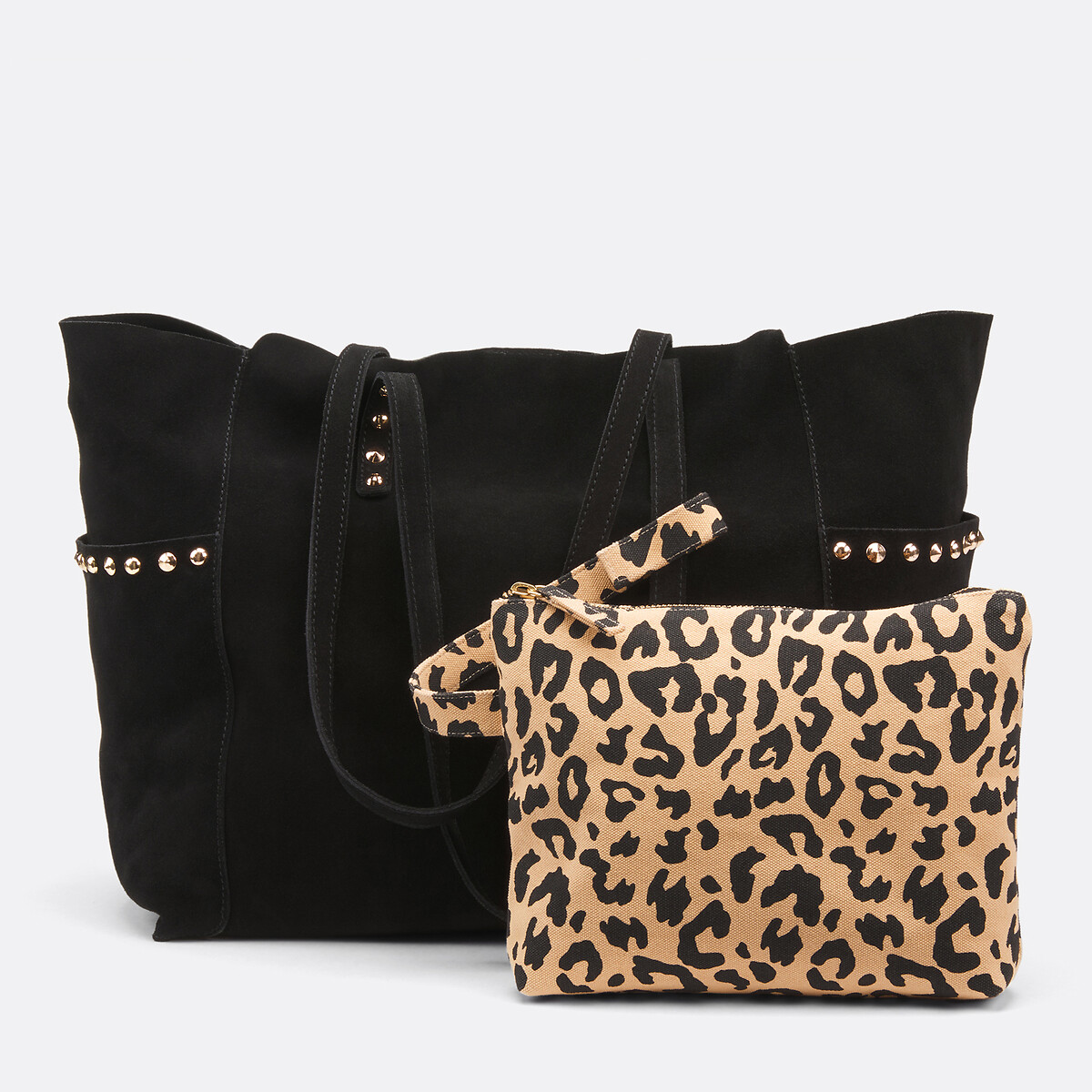 LA REDOUTE COLLECTIONS Handtas in soepel leer, pockettasje met luipaardprint