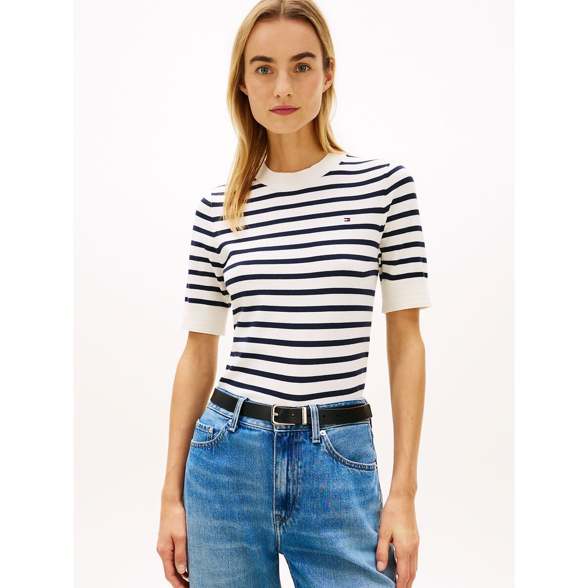 Tommy Hilfiger Striped Short Sleeve Crew Neck Jumper Women's Ecru/Navy Striped Extra Small