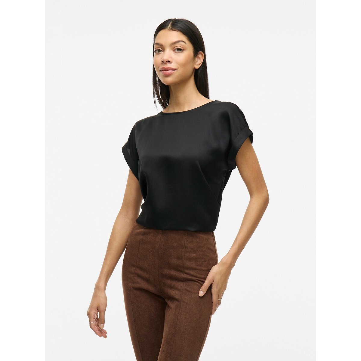 Vila Satin Crew Neck T-Shirt Women's Black Size 14