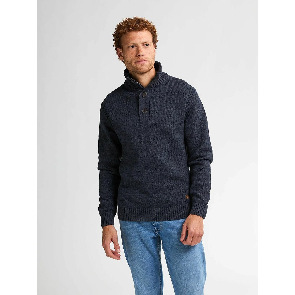 Petrol Industries Cotton Mix Buttoned Jumper With High Neck Men's Navy Blue Medium