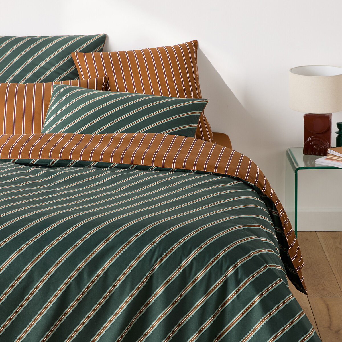 La Redoute Interieurs Georgio Duvet Cover In Cotton Satin Unisex Green/Brown Stripe Double (200X200cm)