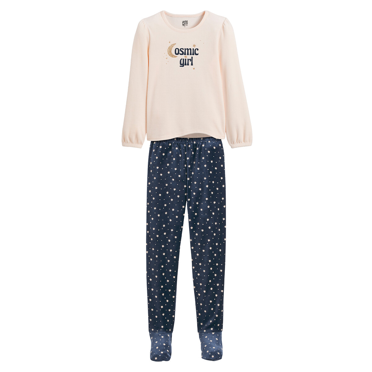 La Redoute Collections Ecru/Navy Velours Pyjamas With Feet, Slogan/Star Print 8Y (126Cm)