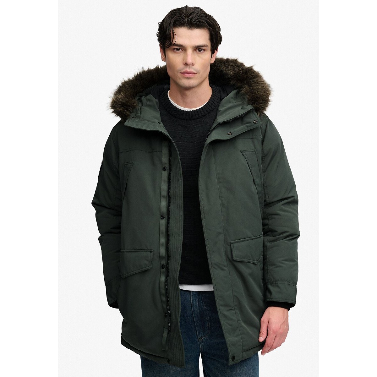 Superdry Parka con capucha de pelo sintético. Verde