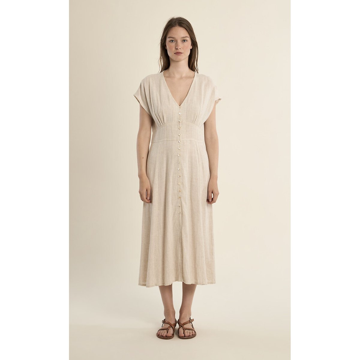 Molly Bracken V-Neck Short Sleeve Maxi Dress Women's Beige Small