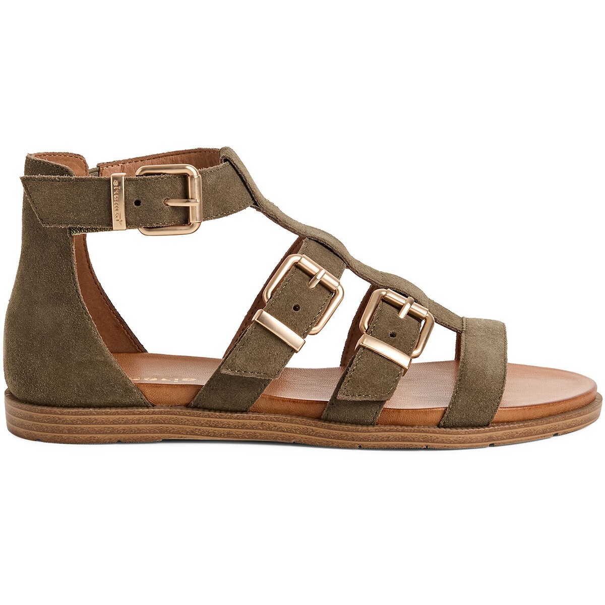 Tamaris Flat Leather Sandals With Closed Heels Women's Olive Green Size 36 (3.5)