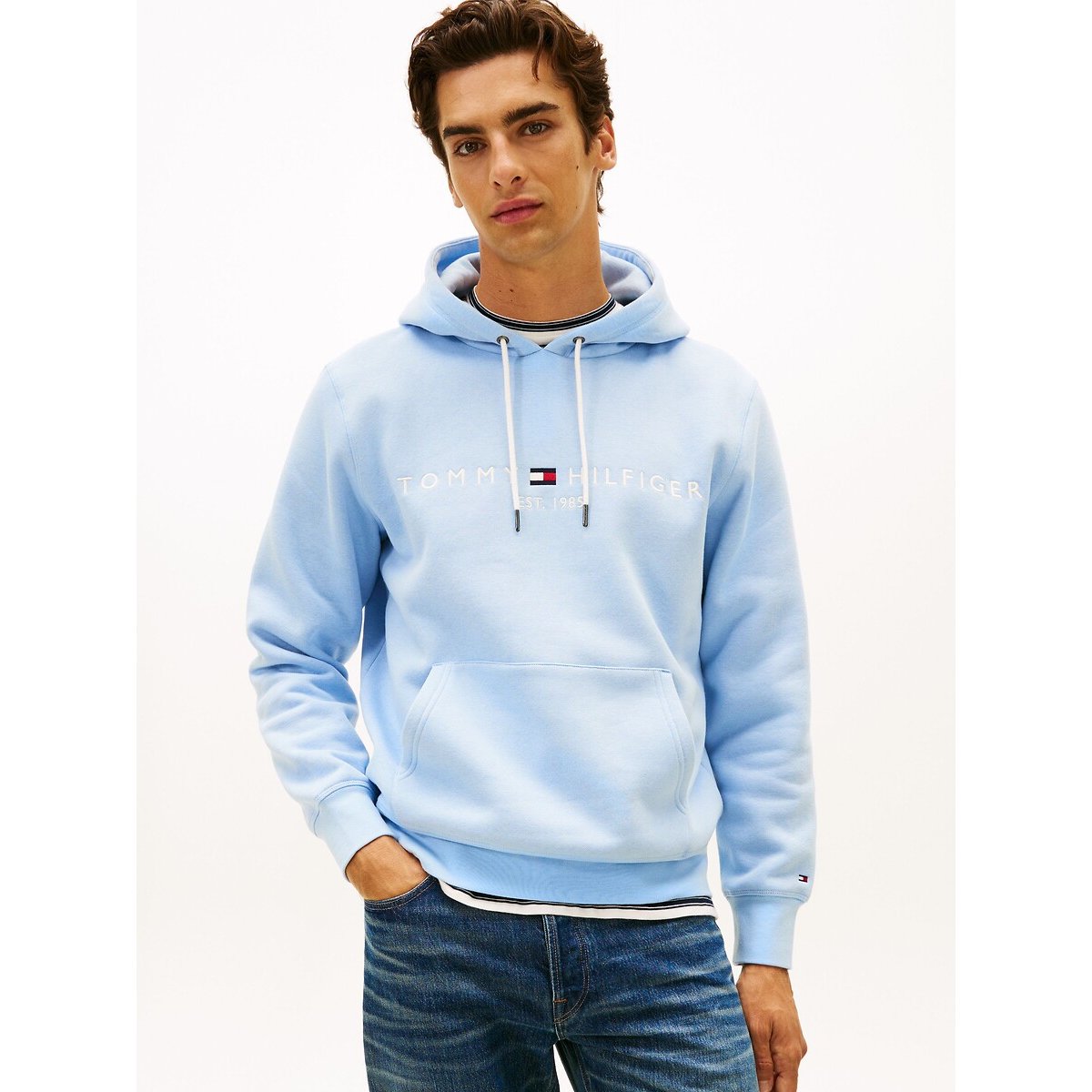 Tommy Hilfiger Flex Embroidered Logo Fleece Hoodie Men's Sky Blue Medium