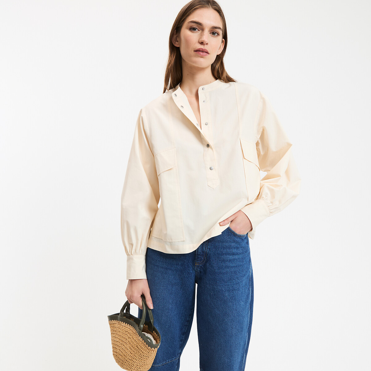 La Redoute Collections Cotton Mandarin Collar Shirt With Long Sleeves Women's Ivory Xxl