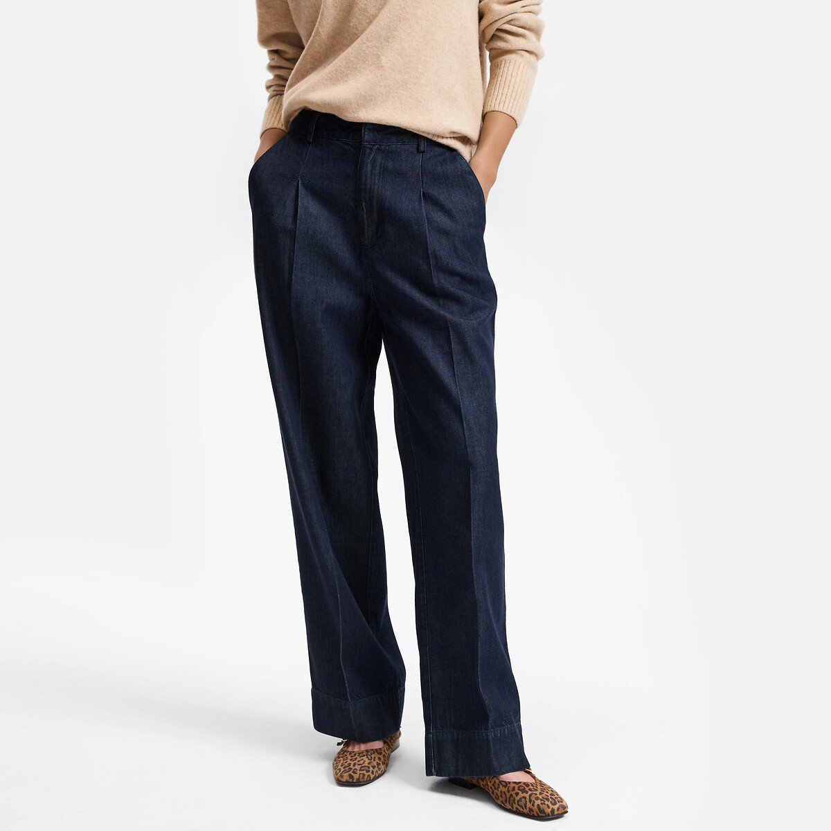 Pantalon large denim, taille haute, plis marqués