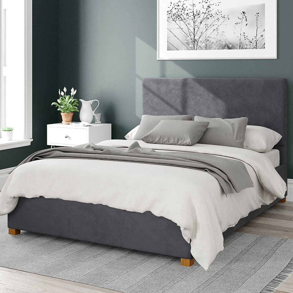 Aspire Unisex Steel Garland Velvet Storage Ottoman Bed With Plain Upholstered Headboard Double Size (135 X 190Cm)