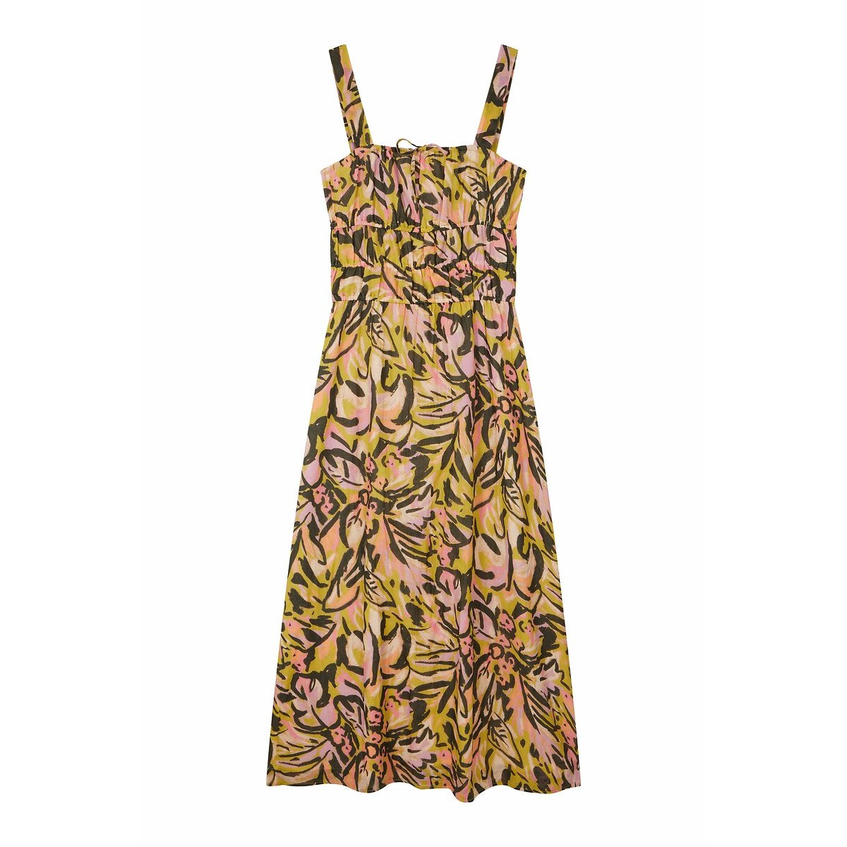 Vestido comprido com alças, estampado tropical, SOLIS, Des Petits Hauts