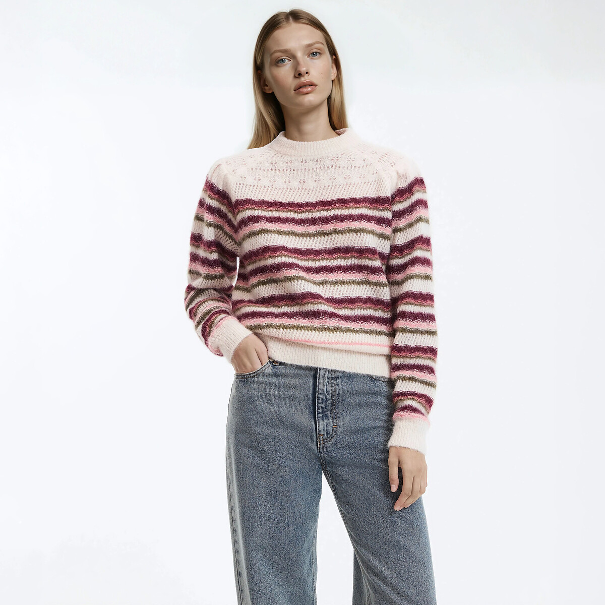 Jersey de rayas con cuello redondo, mezcla de alpaca y lana Mujer Talla XXL. Color Verde
