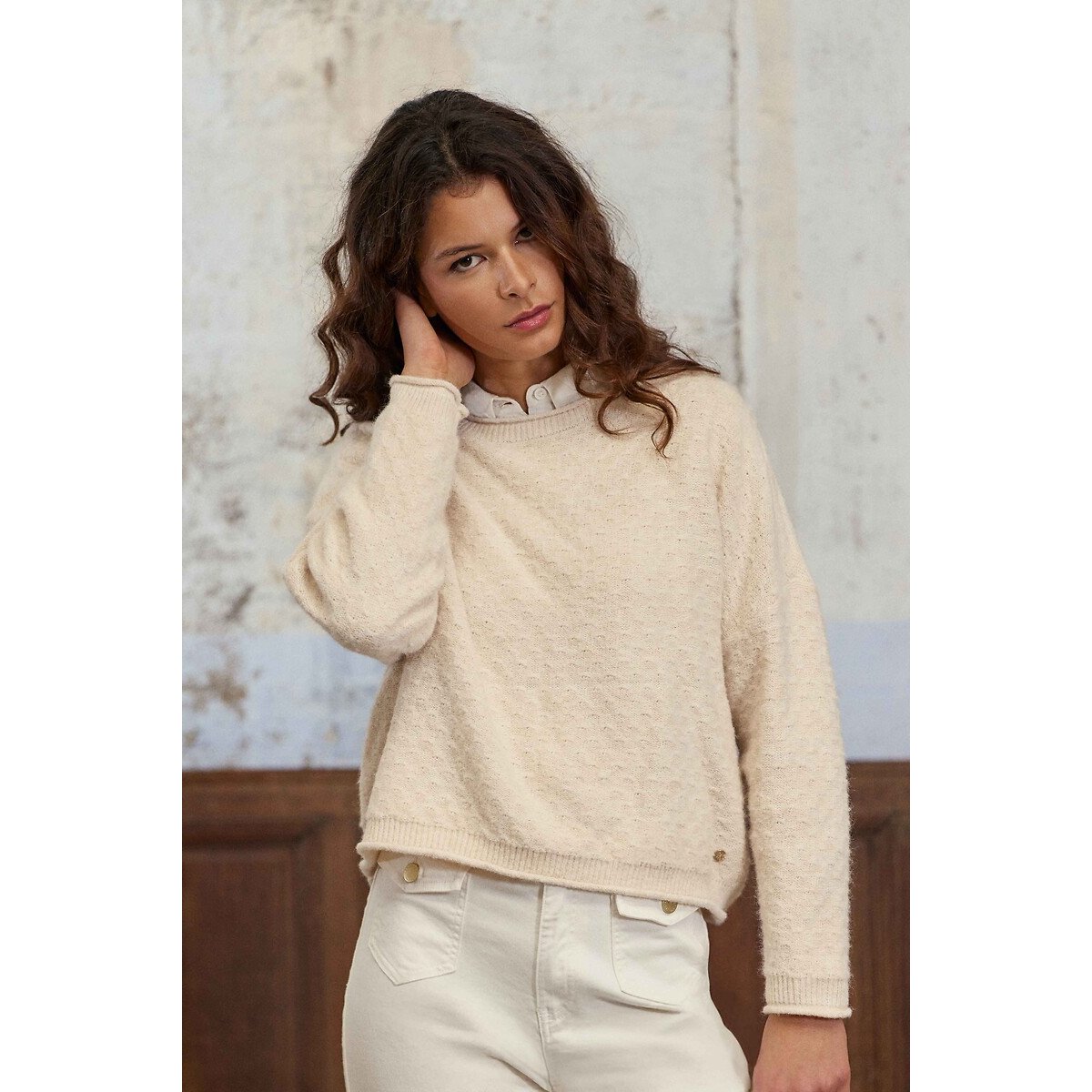 Pull col rond en maille fantaisie, MOSSY
