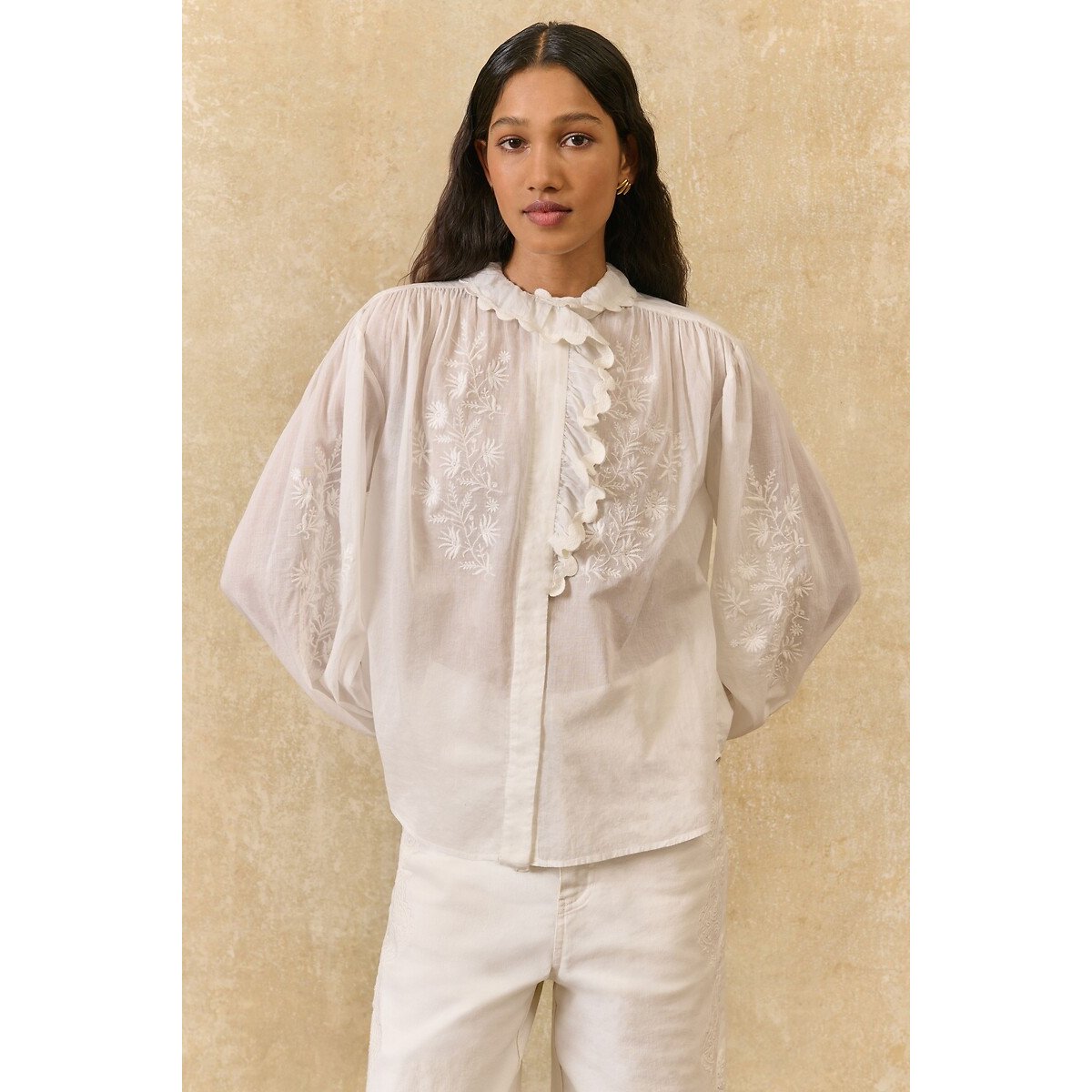 Louise Misha Cora Embroidered Blouse With Ruffled Peter Pan Collar And Long Sleeves Women's Ecru Size 6