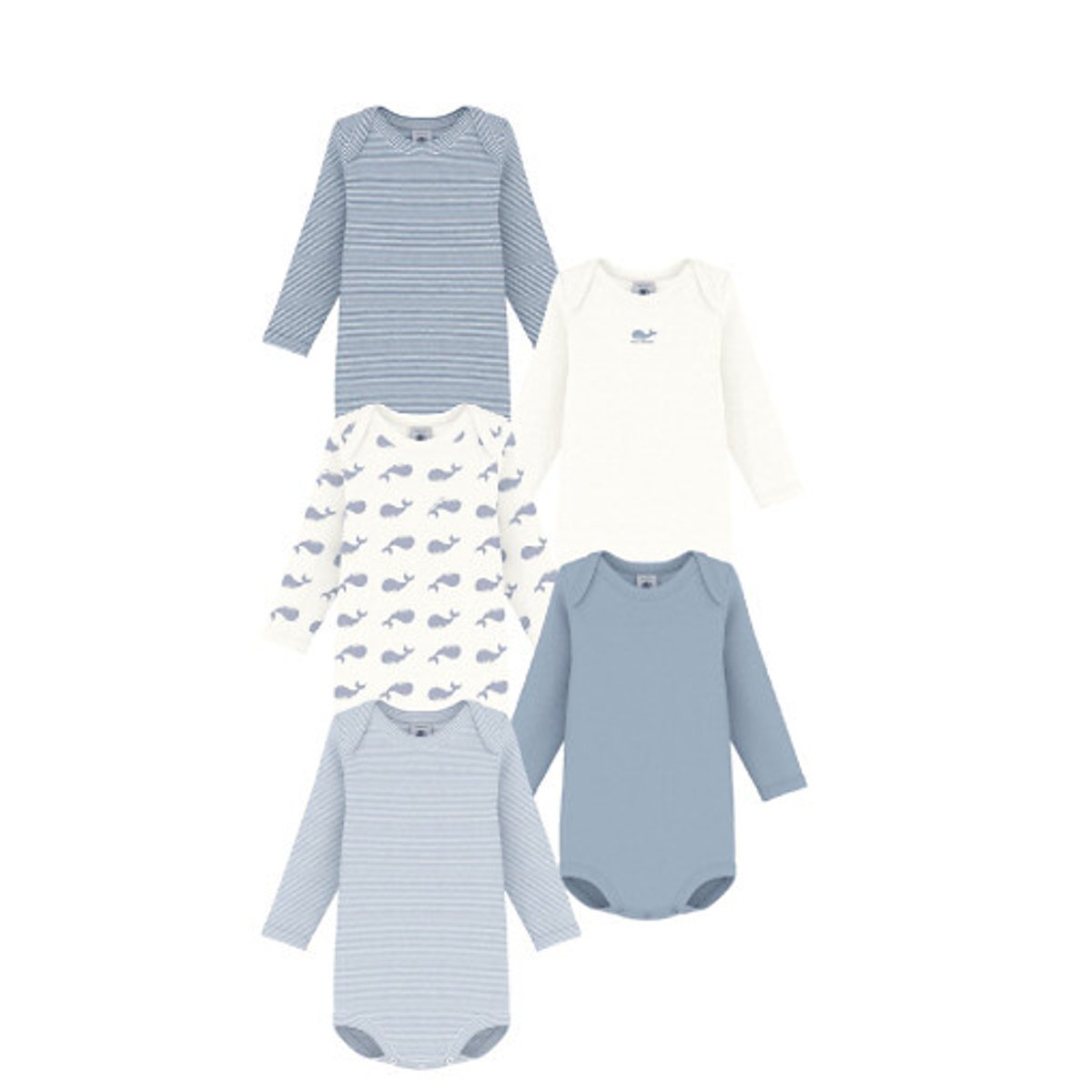 Petit Bateau Pack Of 5 Cotton Bodysuits White + Blue 2Y (86Cm) Newborn