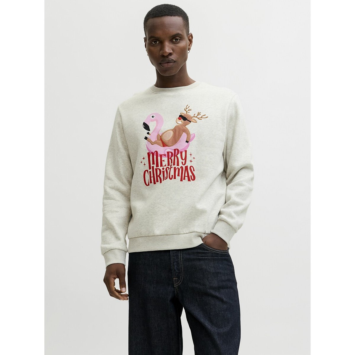Jack & Jones Crew Neck Christmas Sweatshirt Men's Light Grey Small