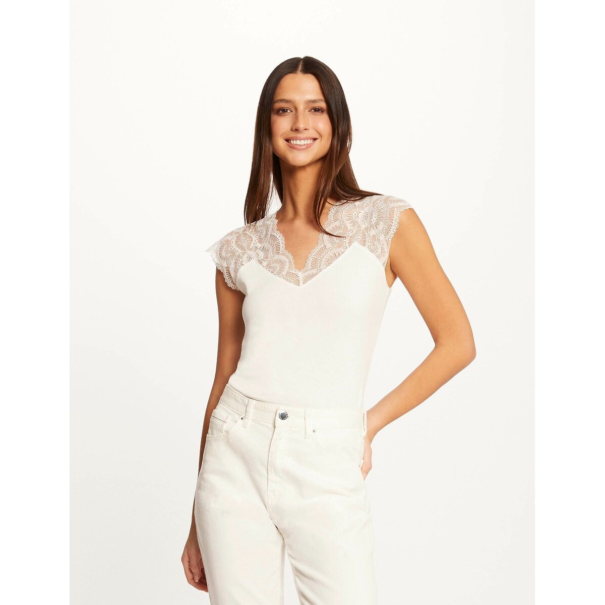 Morgan Lace Short Sleeve T-Shirt Women's Off White Extra Large