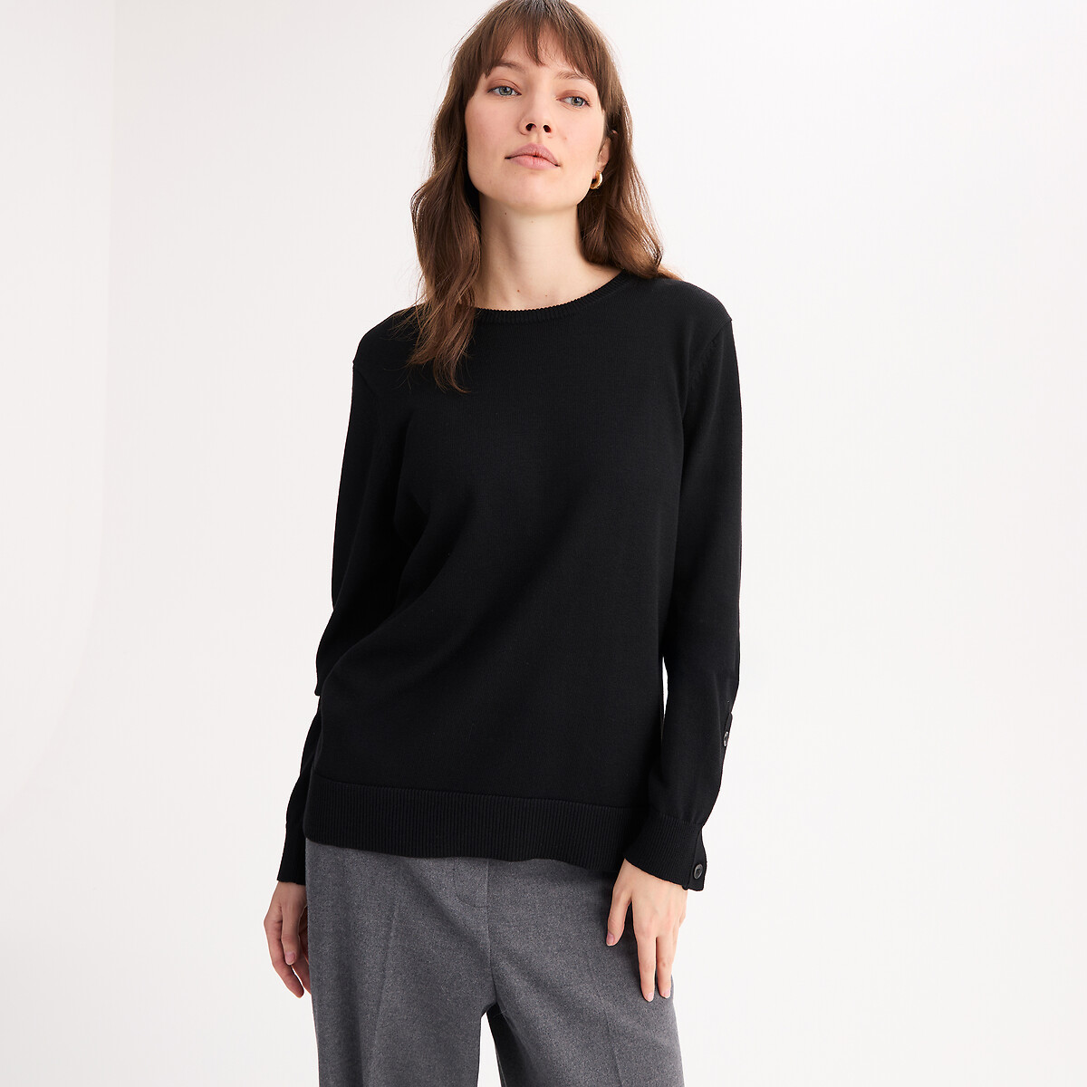 Anne Weyburn Jersey de cuello redondo de punto fino, mezcla de lana. Negro
