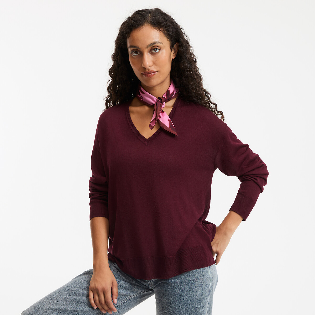 La Redoute Collections Fine Knit Jumper With V-Neck Women's Burgundy Red Xxl