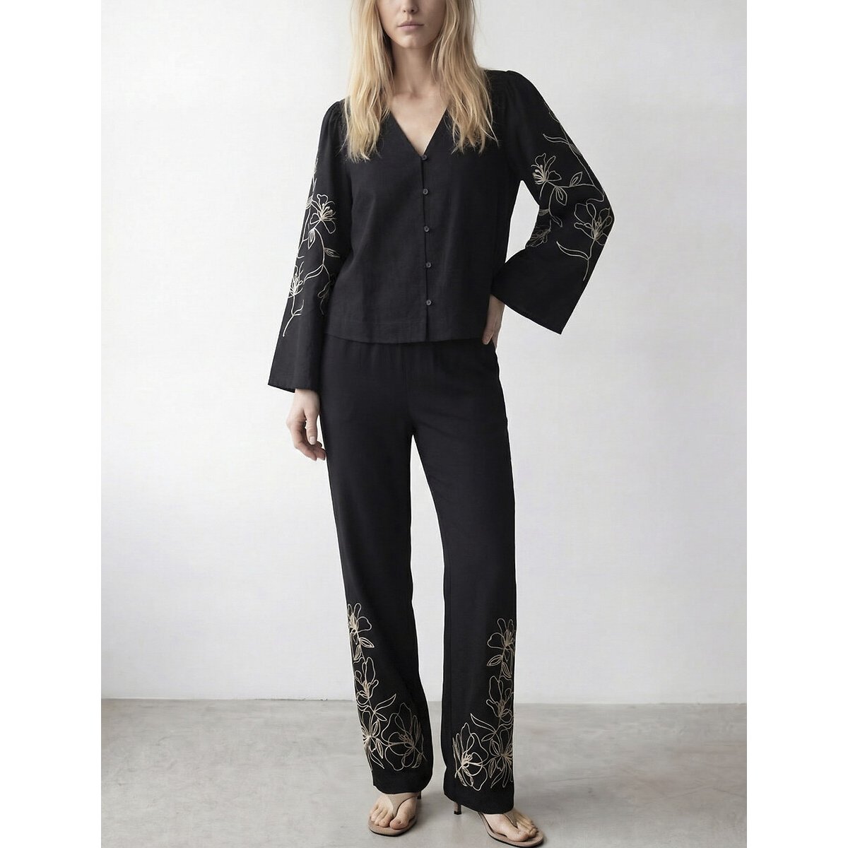 Vila Embroidered Wide Leg Trousers Women's Black Size 10