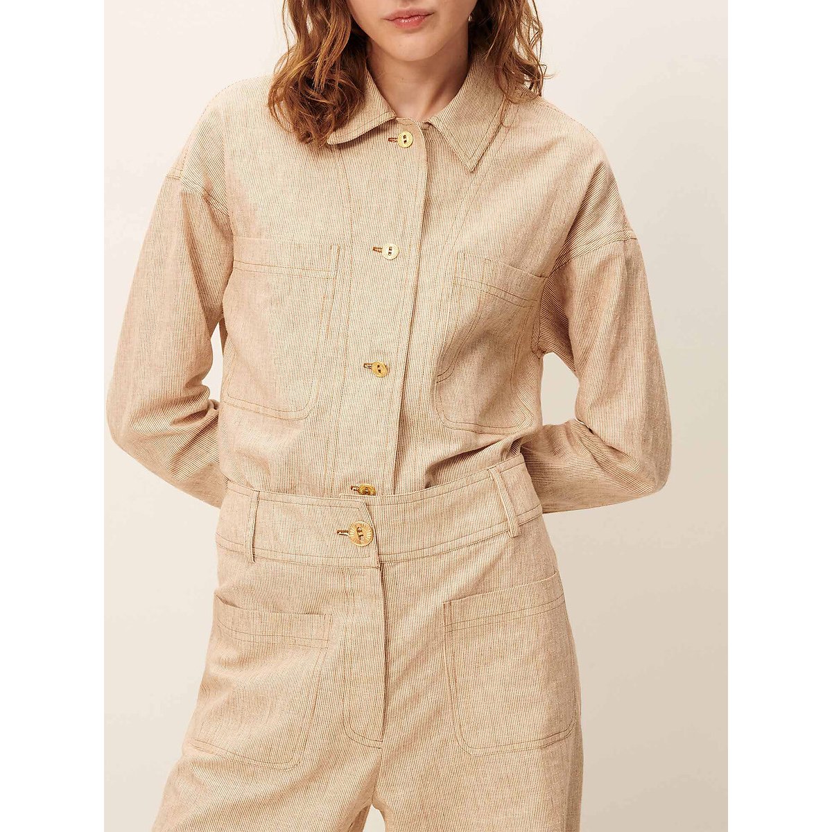 Sessun Notteri Finely Striped Short Shirt With Long Sleeves Women's Beige Extra Small