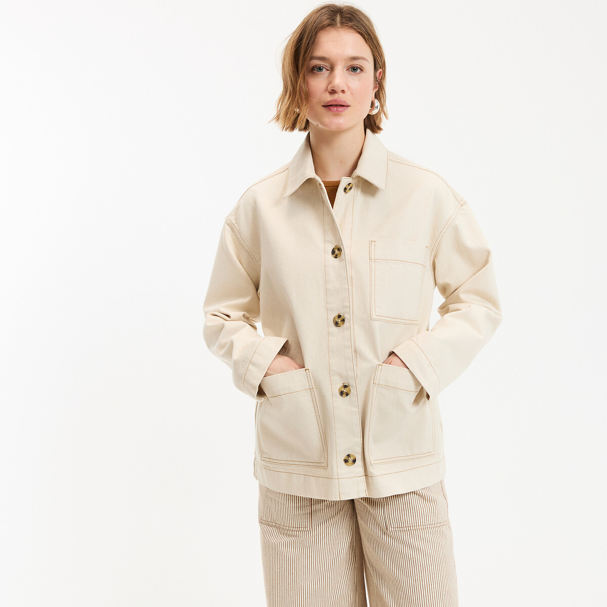 Veste style worker longue, coupe droite en denim