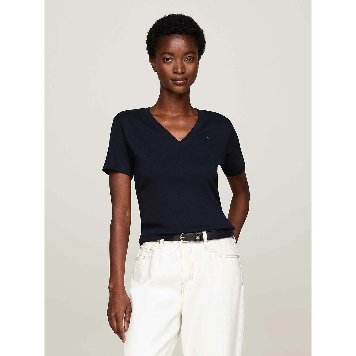 Tommy Hilfiger Cotton V-Neck T-Shirt With Short Sleeves Women's Navy Small