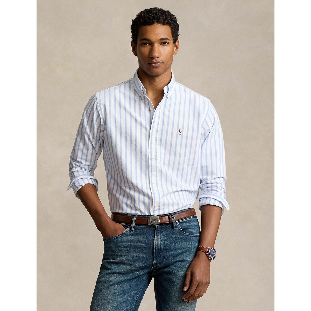 Polo Ralph Lauren Striped Oxford Cotton Shirt In Slim Fit Men's White/Blue Striped Medium