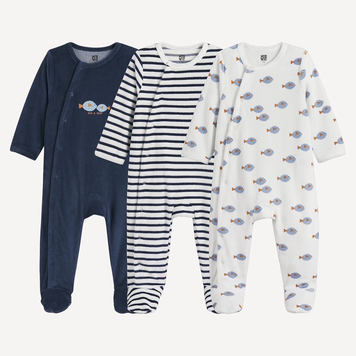 La Redoute Collections Pack Of 3 Fish Print/Striped Velour Sleepsuits Ecru+Navy Blue+Striped 3M (60Cm) Newborn
