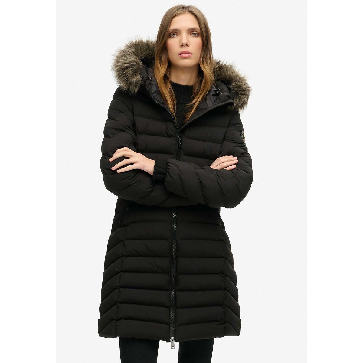 Superdry Women's Black Fuji Mid-Length Padded Puffer Jacket With Hood Size 10