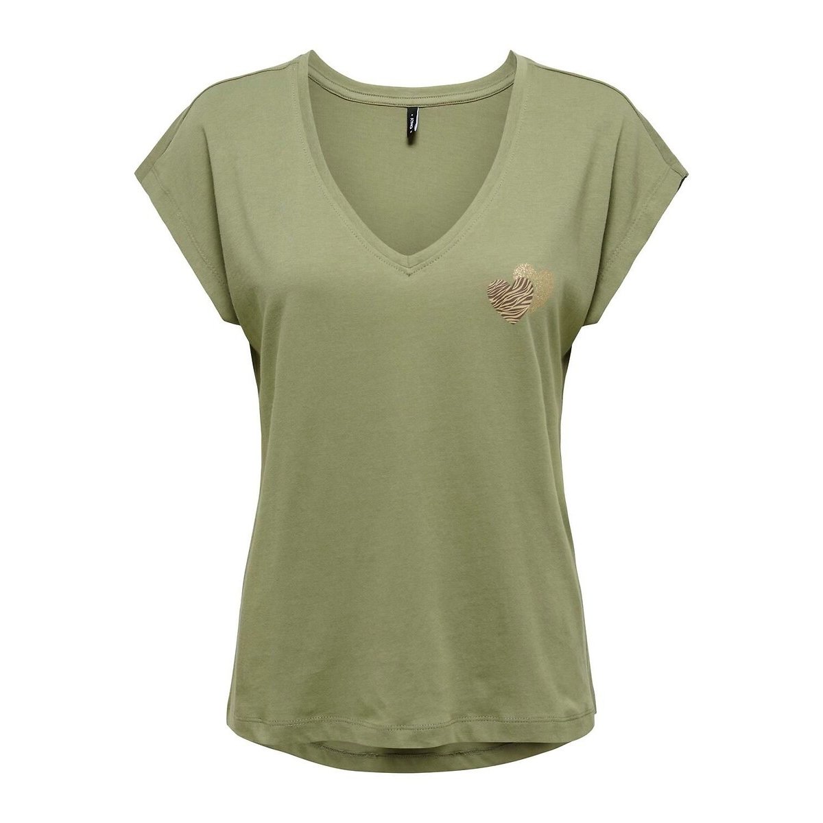 Only V-Neck T-Shirt With Heart Print Women's Khaki Green Extra Small