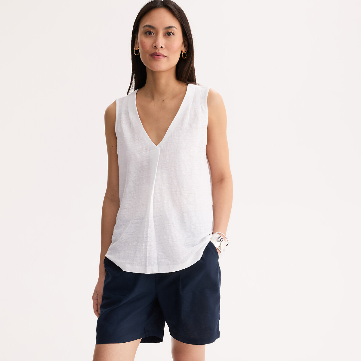 Anne Weyburn Linen Sleeveless V-Neck T-Shirt Women's White Small