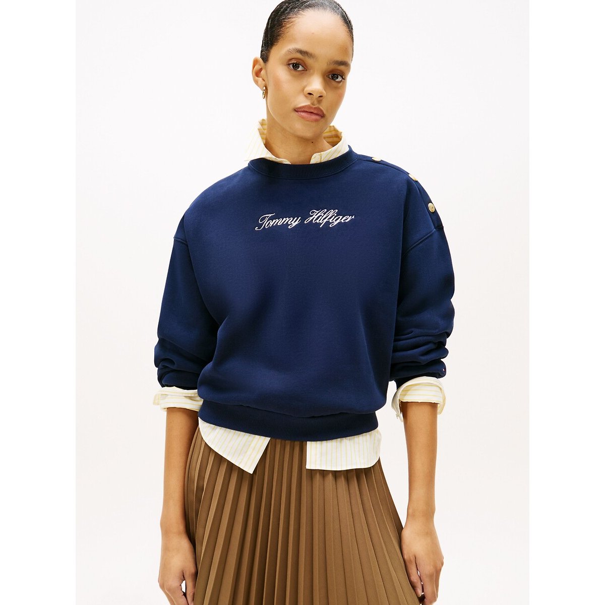 Tommy Hilfiger Logo Shoulder Button Crew Neck Sweatshirt Women's Ecru Medium