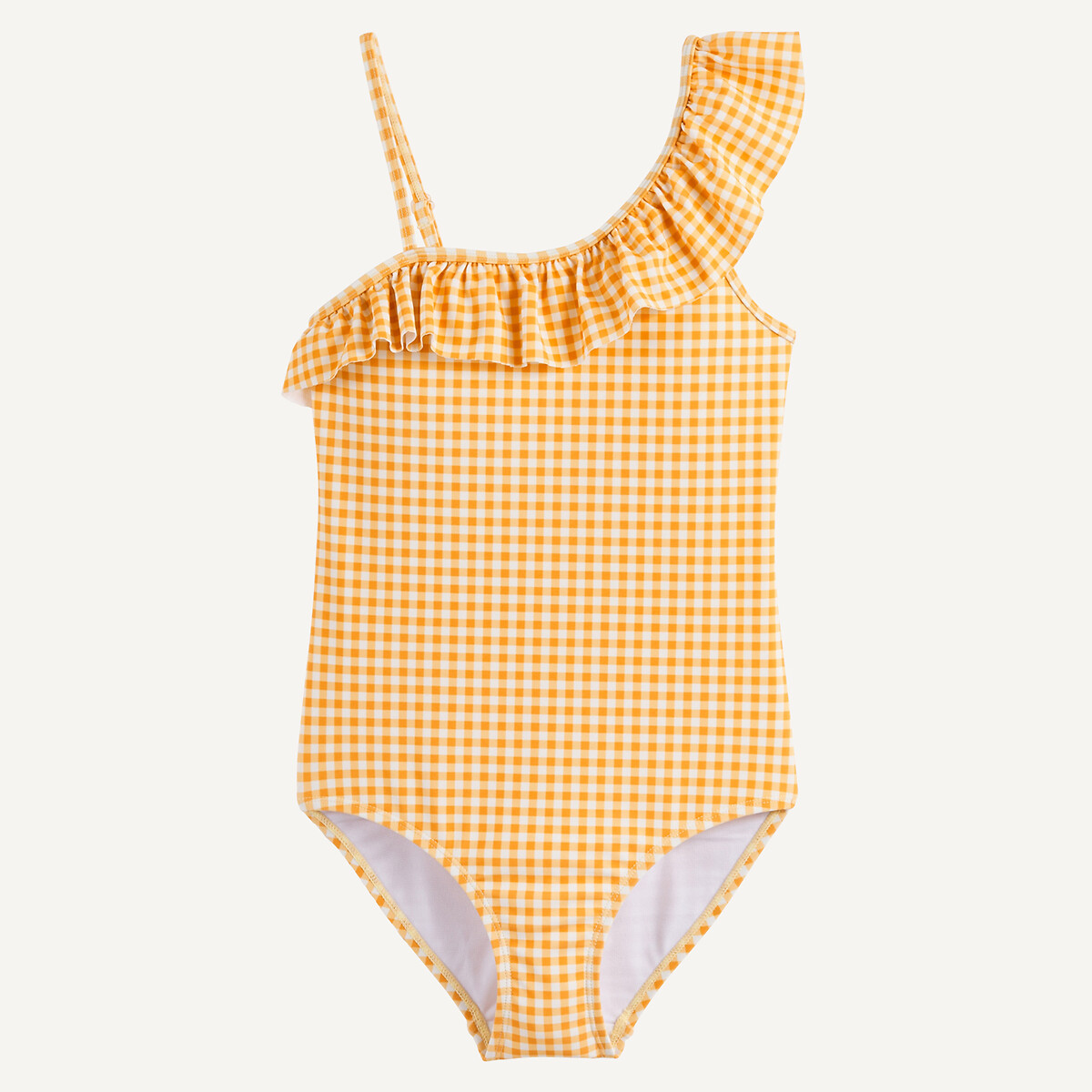 La Redoute Collections Checked Asymmetric Ruffled Neckline Swimsuit Yellow Gingham 6Y (114Cm)