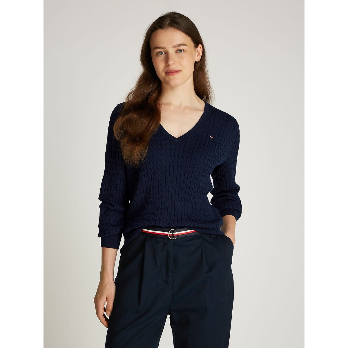 Tommy hilfiger Trui met V-hals, tricot met kabelmotief
