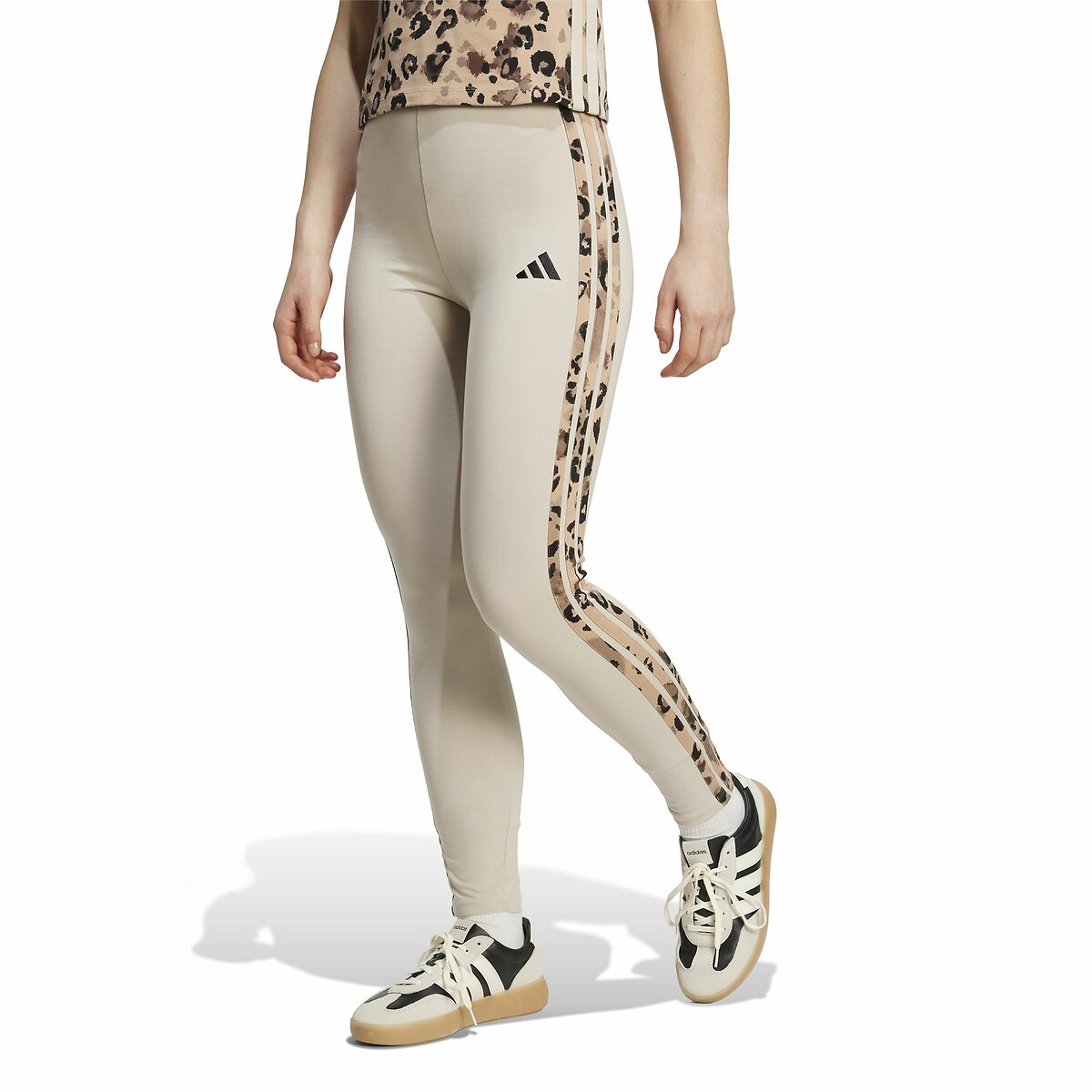 Adidas Sportswear Women's Beige Leggings With Leopard 3-Stripes Medium